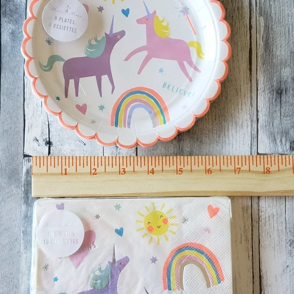 NWT Meri Meri Unicorn Rainbow Paper Plates Small (8) & Paper Napkins Large (16)